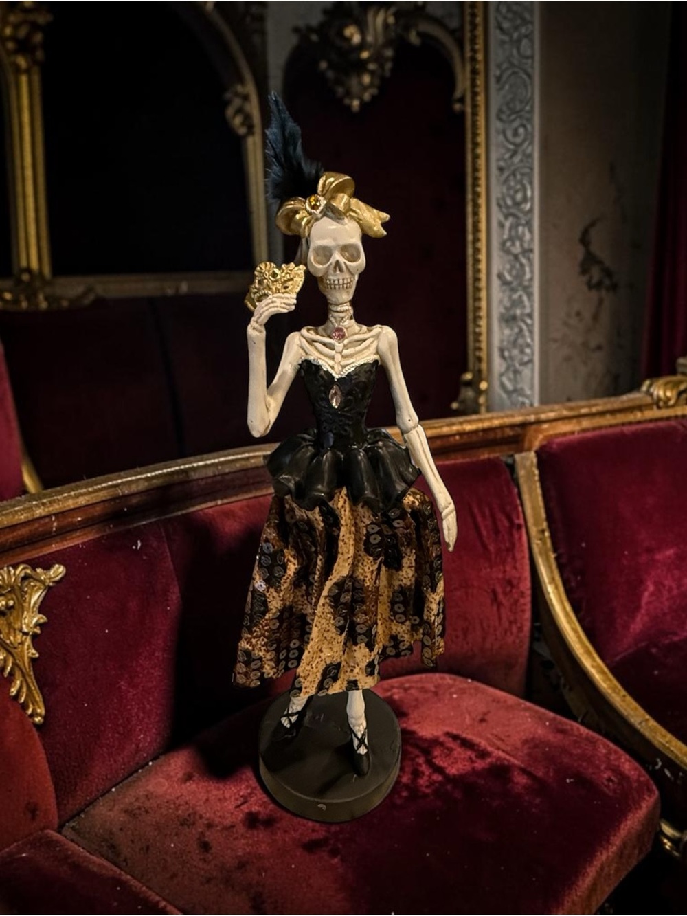 Halloween Skeleton Lady Figurine in Black and Gold leopard print dress